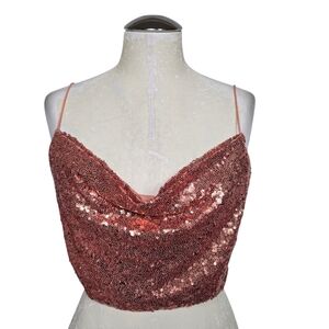 B. Darlin Rose Gold Sequin Cowl Neck Crop Top Size L